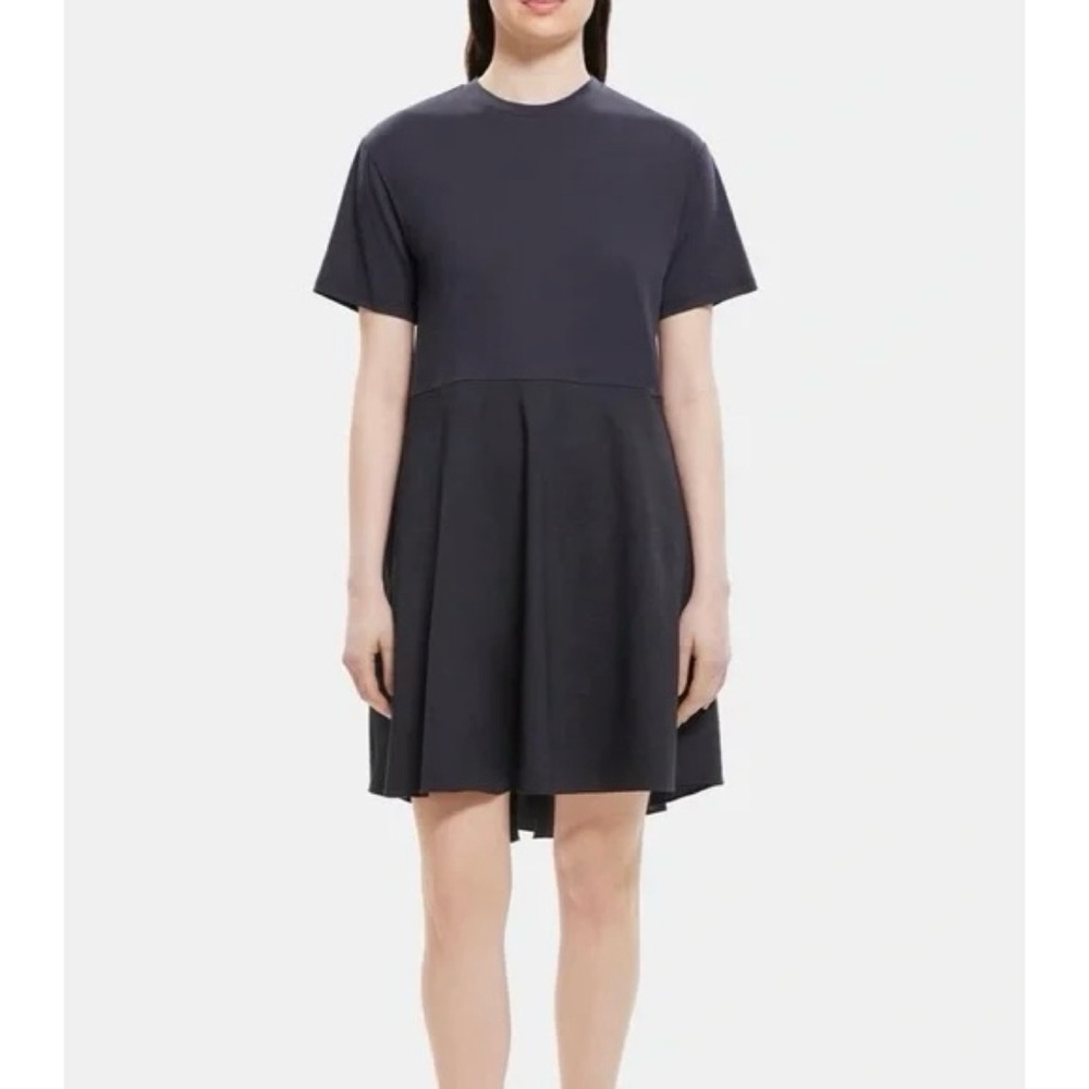 Theory Tier Tee Dress Eco Crunch Wash Concord Blue Linen Cotton Viscose Blend P